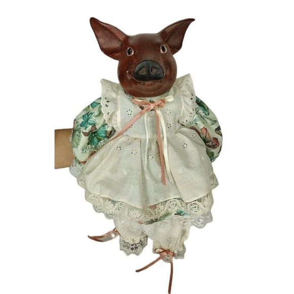 Antique Ceramic Macabre Anthropomorphic Pig Doll In Floral Dress & Bloomers - Picture 4 of 11